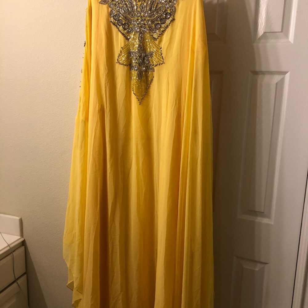Elegant Yellow Maxi Dress with Silver Embellishments